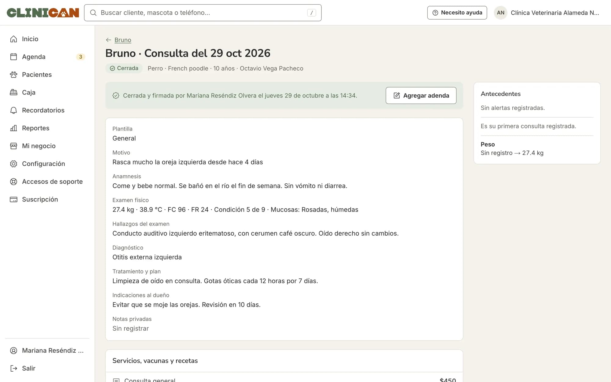 Consulta cerrada con anamnesis, examen físico y diagnóstico