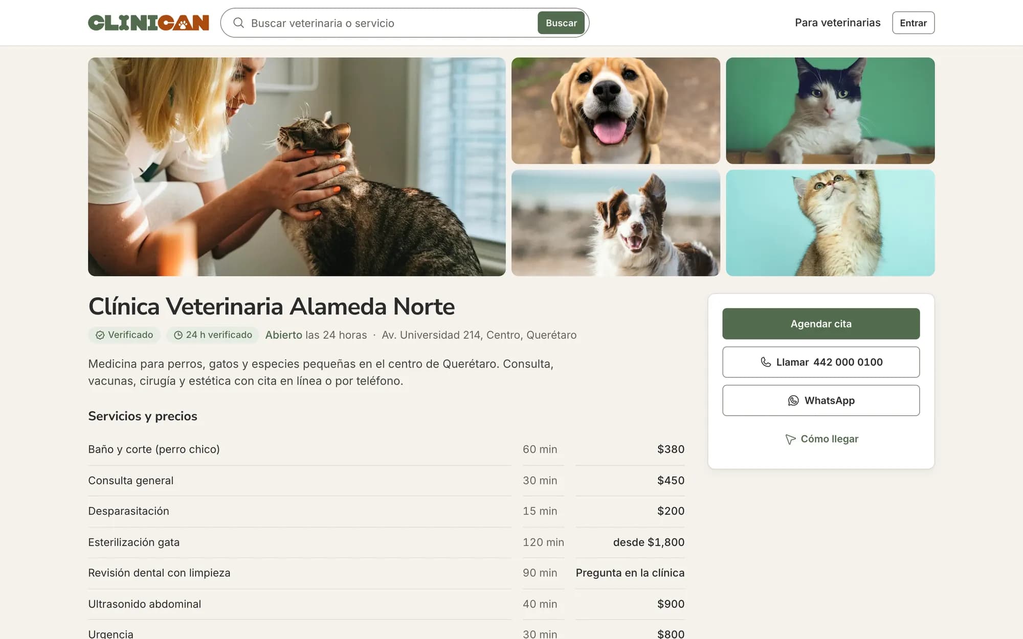 Ficha pública de una clínica en el directorio, con servicios, precios y botón para agendar