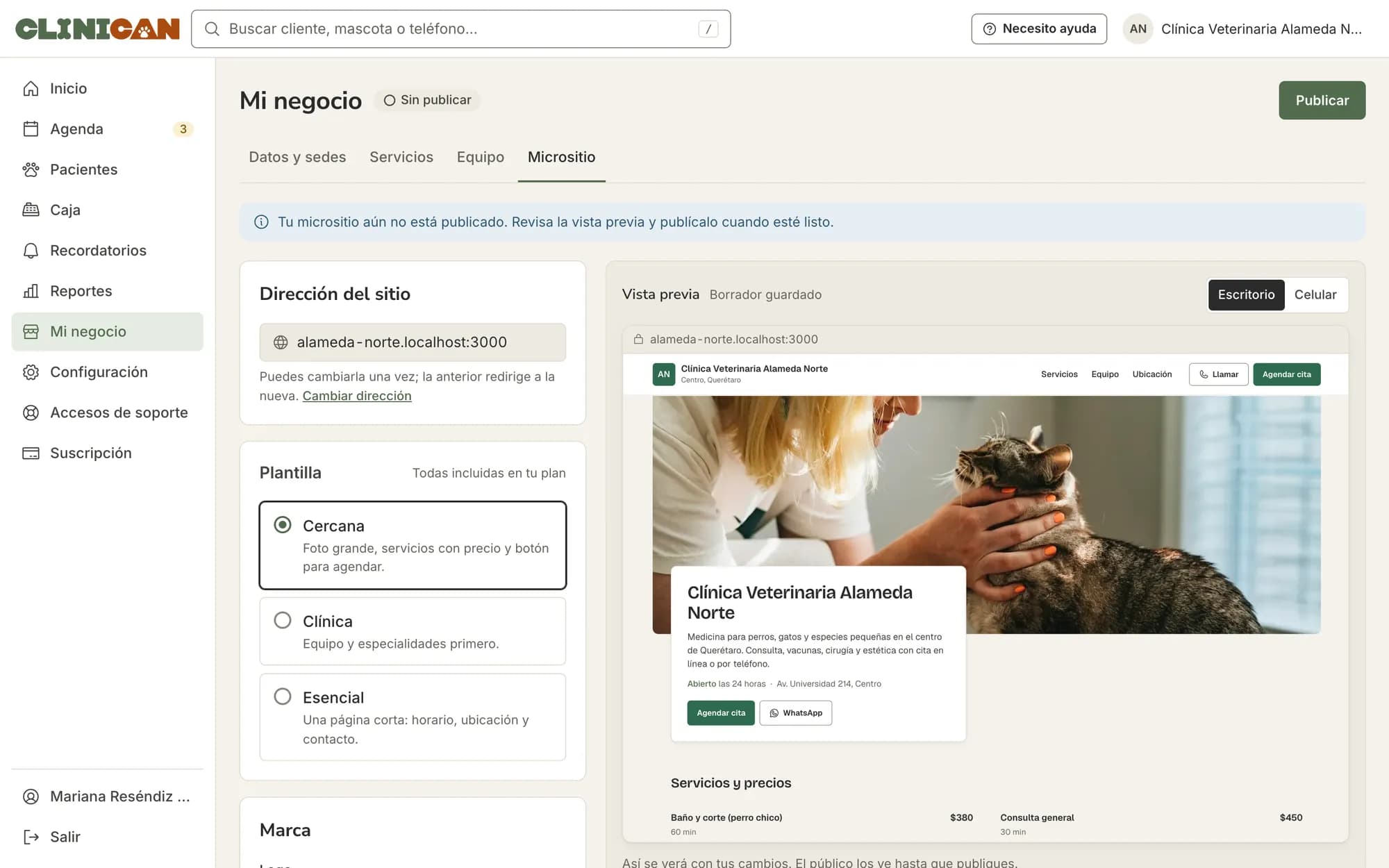 Editor del micrositio con plantillas y vista previa